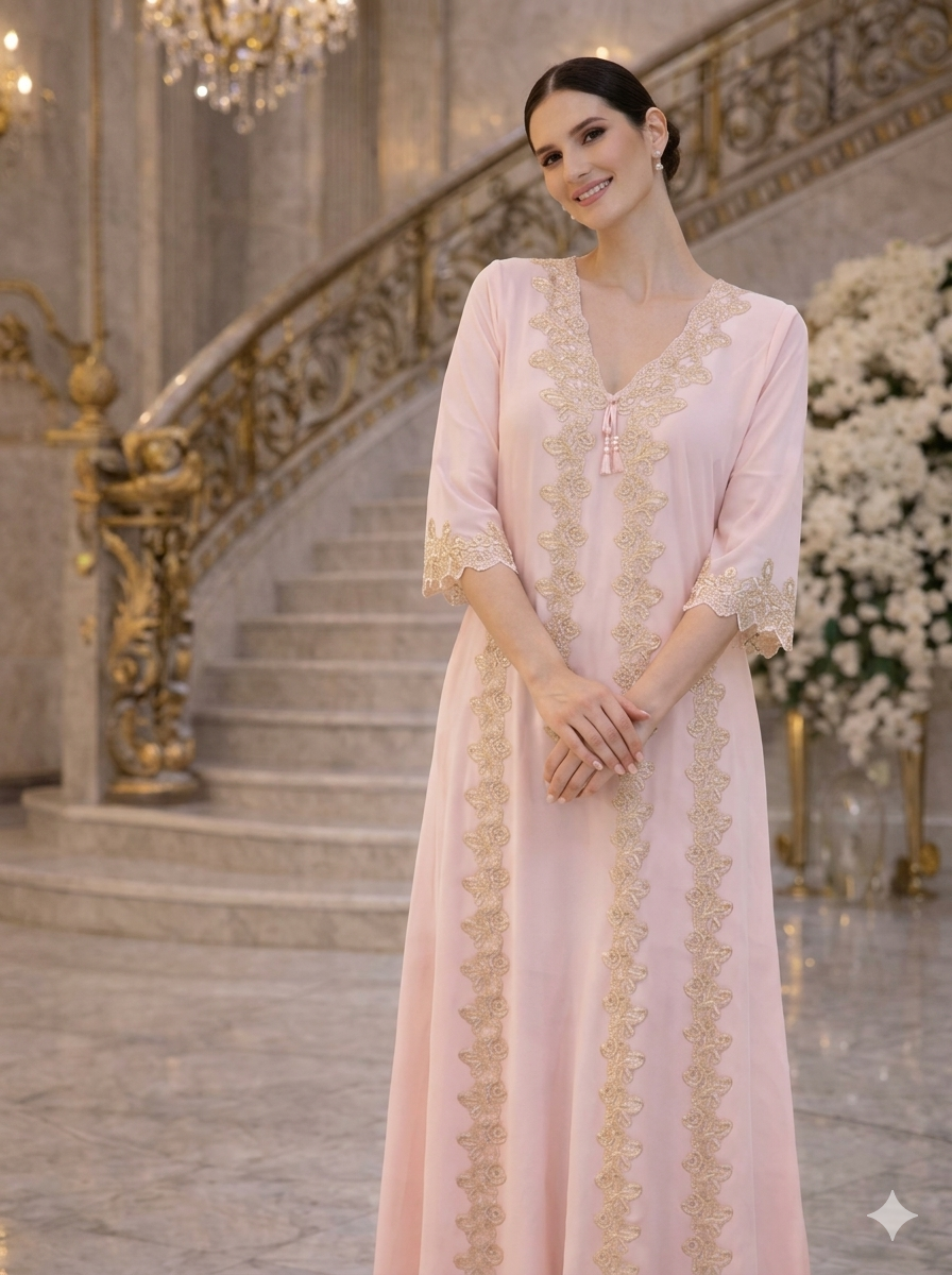 Blush Pink Kaftan with Gold Embroidery