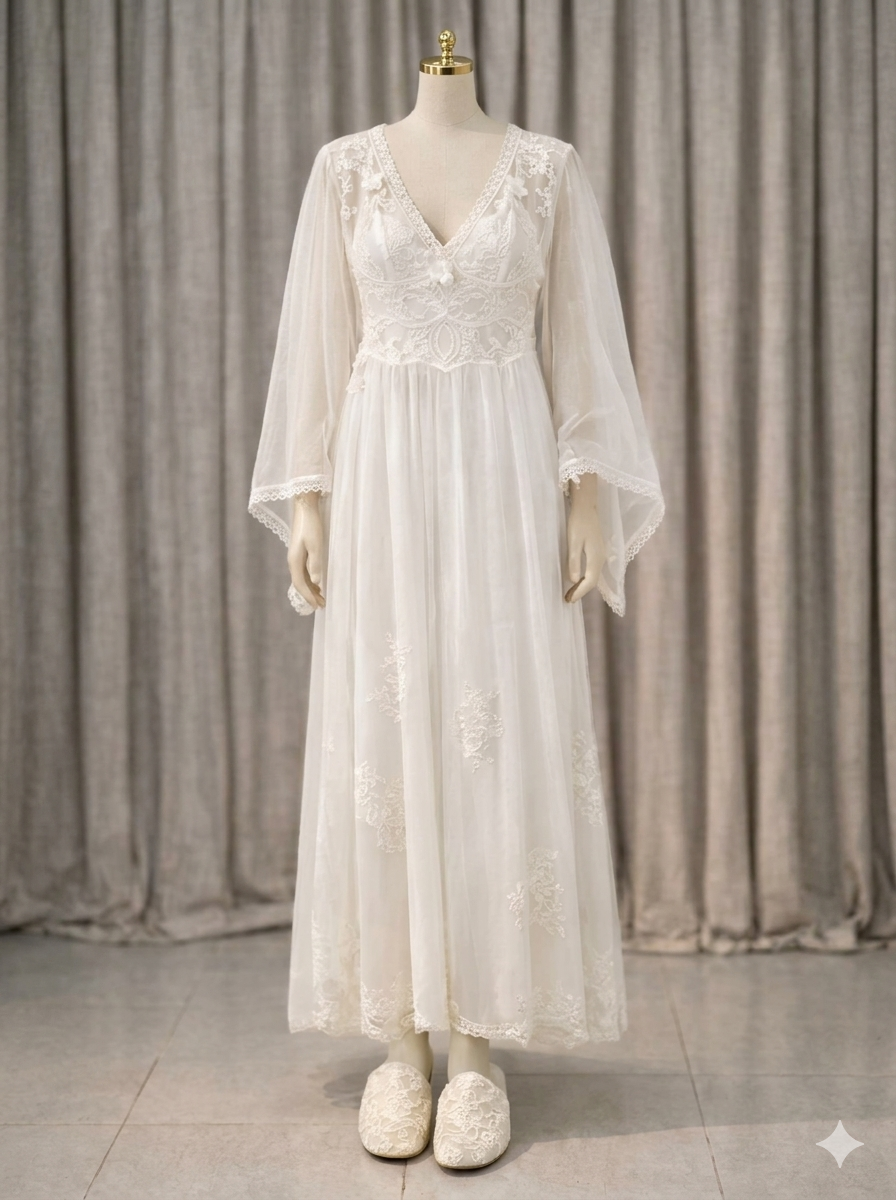 White Lace-Trim Cape Nightgown