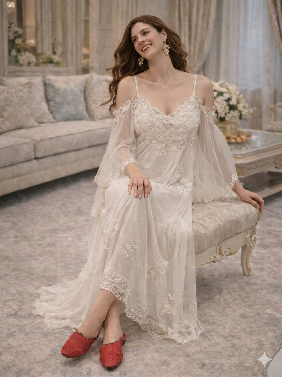 White Lace Cold-Shoulder Nightgown