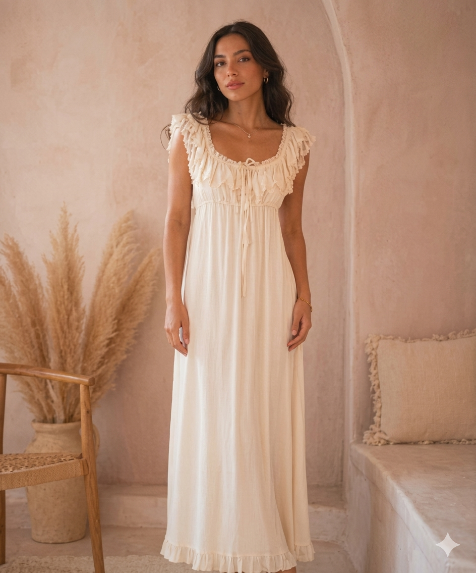 Ivory Ruffle-Neck Nightgown