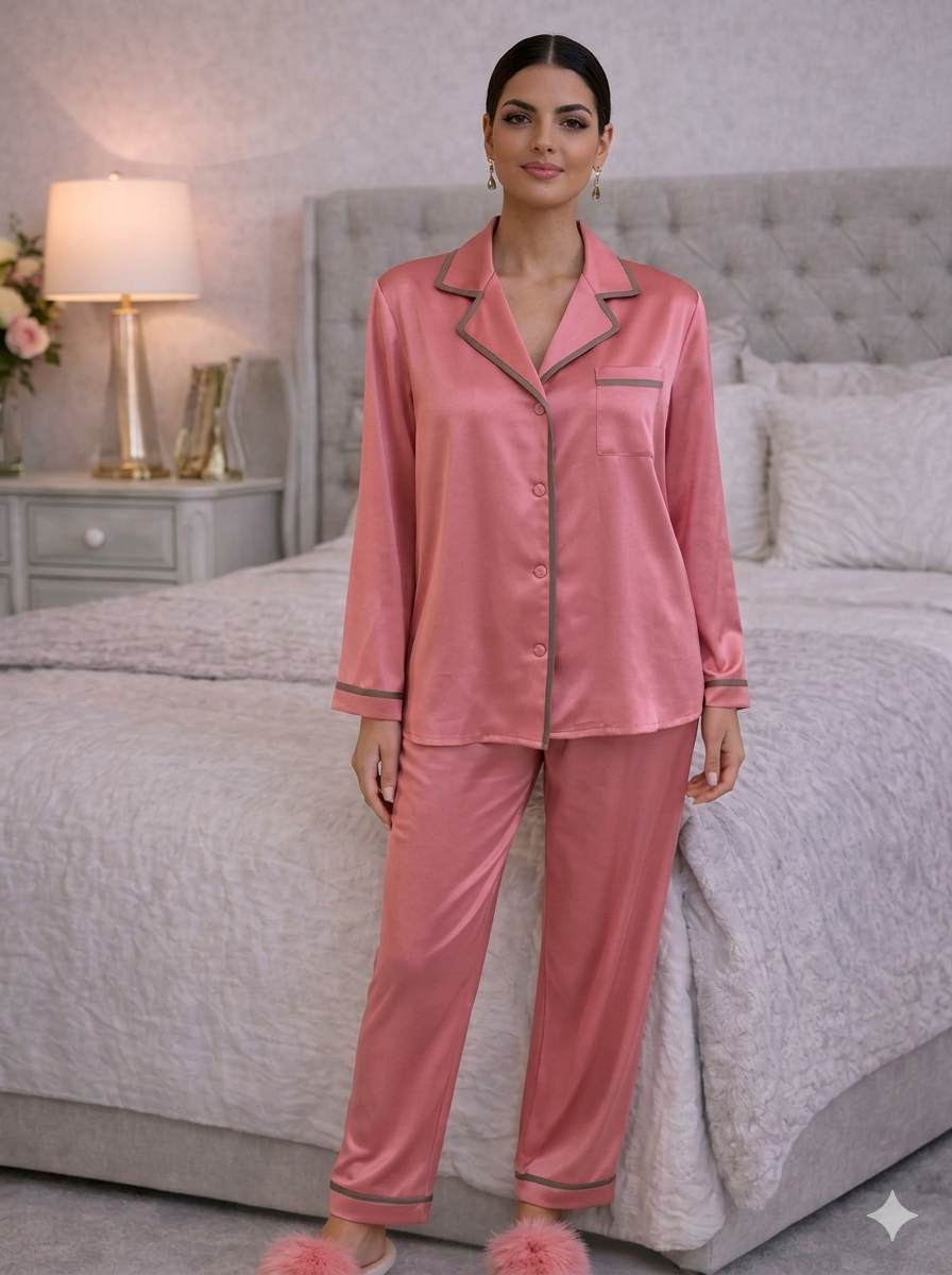 Rose Pink Contrast-Piped Pajama Set