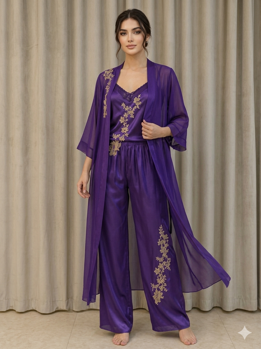 Purple Gold-Embroidered Pajama and Robe Set